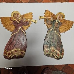 Wooden Handpainted Trumpet Angels Wall Art Set. Signed